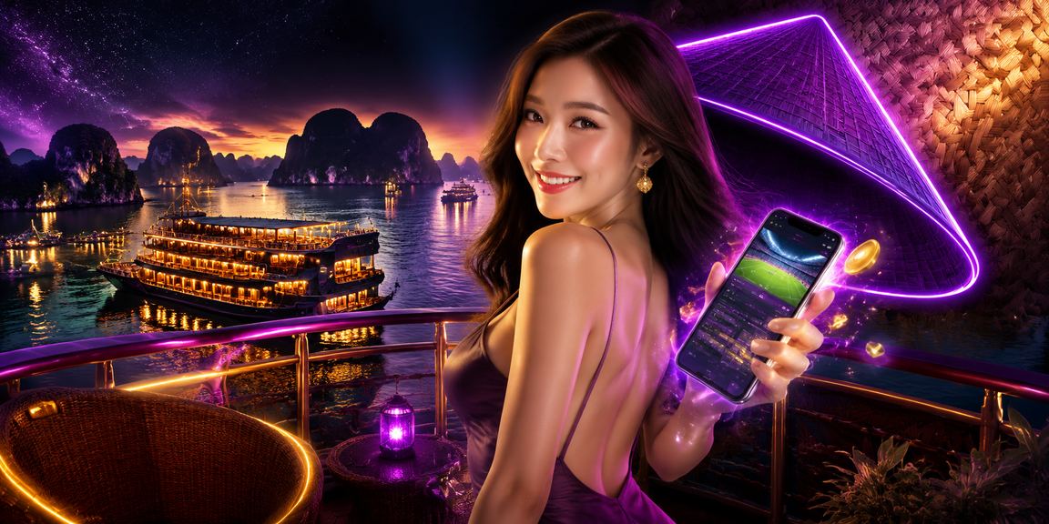 Người dùng xem phân tích kèo trên điện thoại tại vịnh Hạ Long với nón lá truyền thống